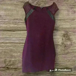 NWT- garnet and black mini dress, cap sleeves, leather and stone accents. XS